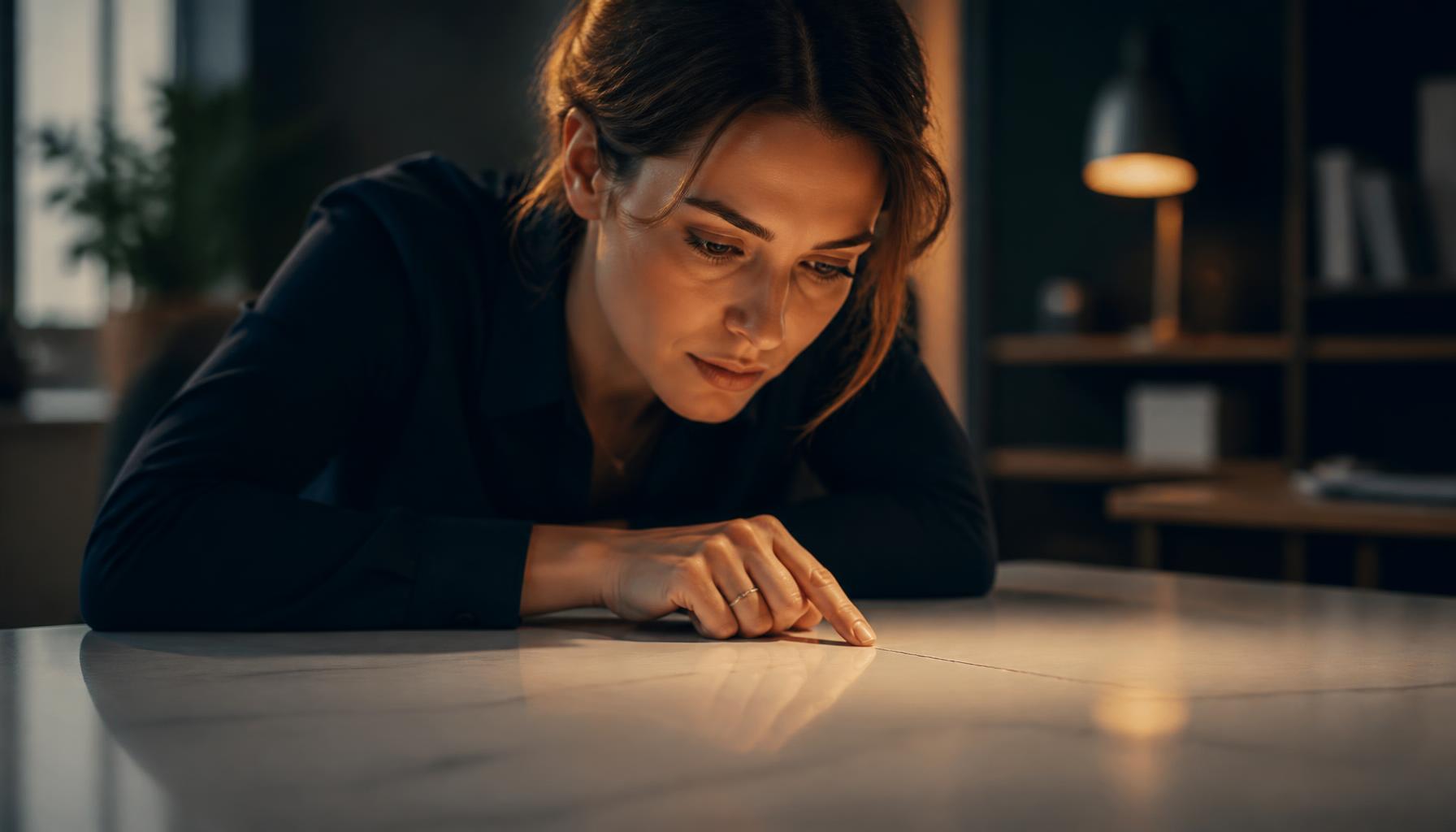 A calm leader in a softly lit workspace pauses to notice a small, subtle detail, symbolizing the early detection of organizational weak signals.