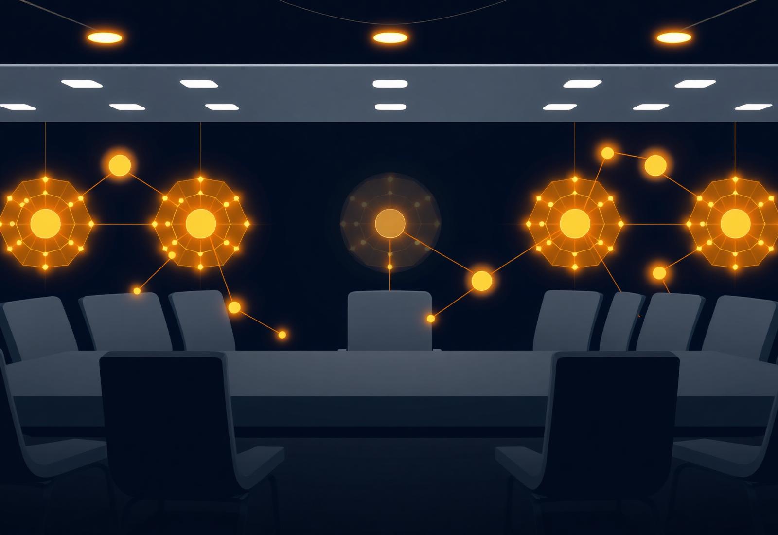 Interconnected honeycomb lattice and glowing nodes representing human decision-making meeting artificial intelligence.